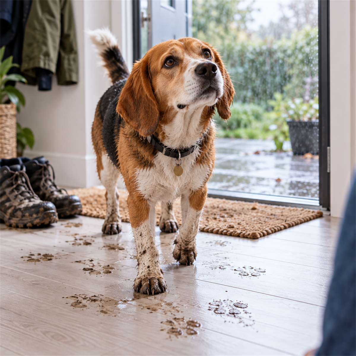 Muddy paw prints after a dog enters the home