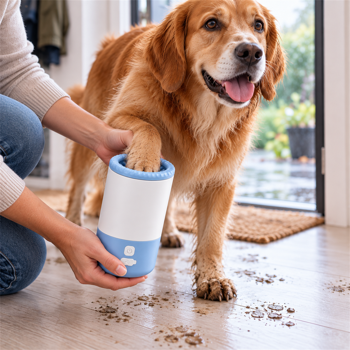 Golden retriever paw being gently cleaned with CleanPaw
