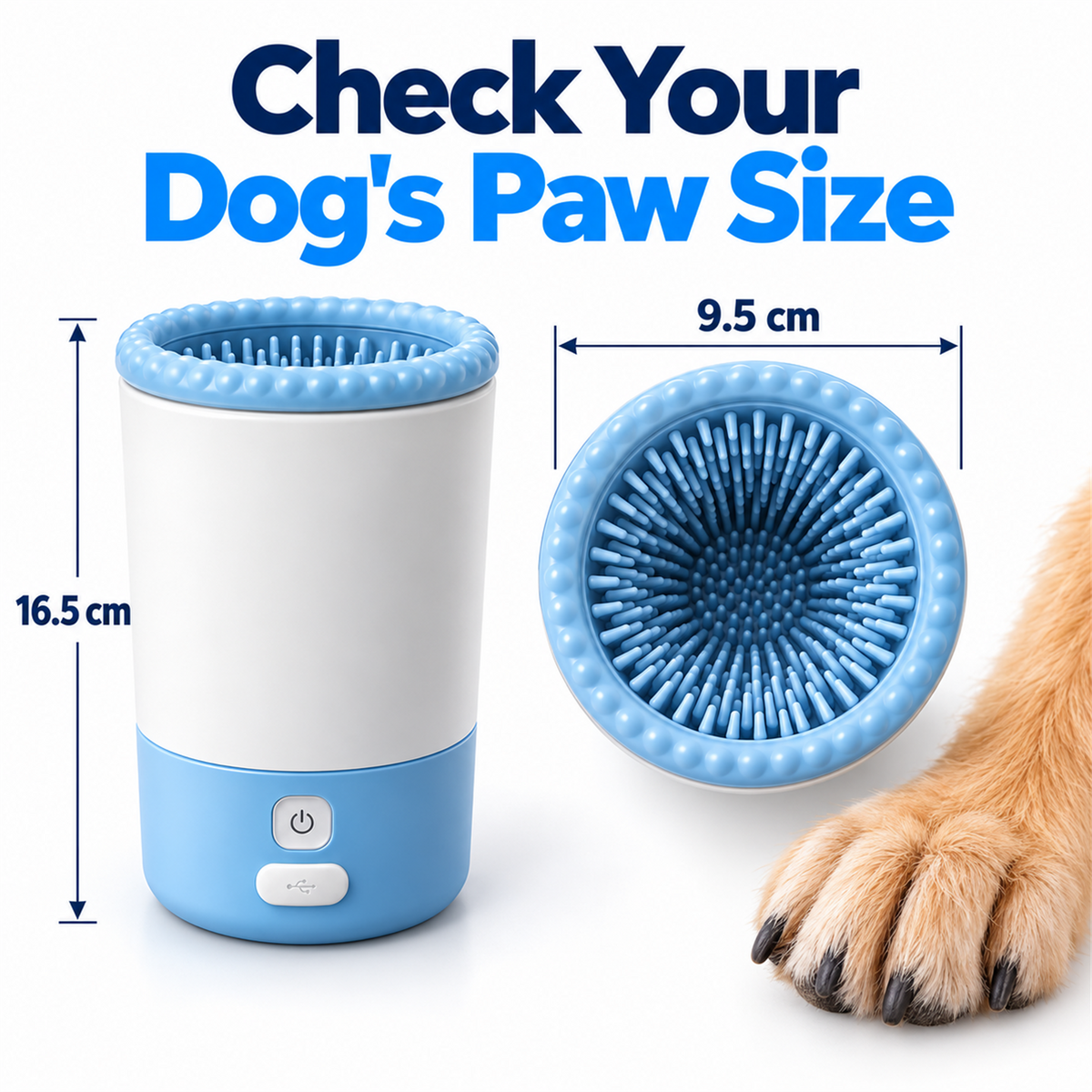 CleanPaw dimensional diagram, 16.5 cm height and 9.5 cm width