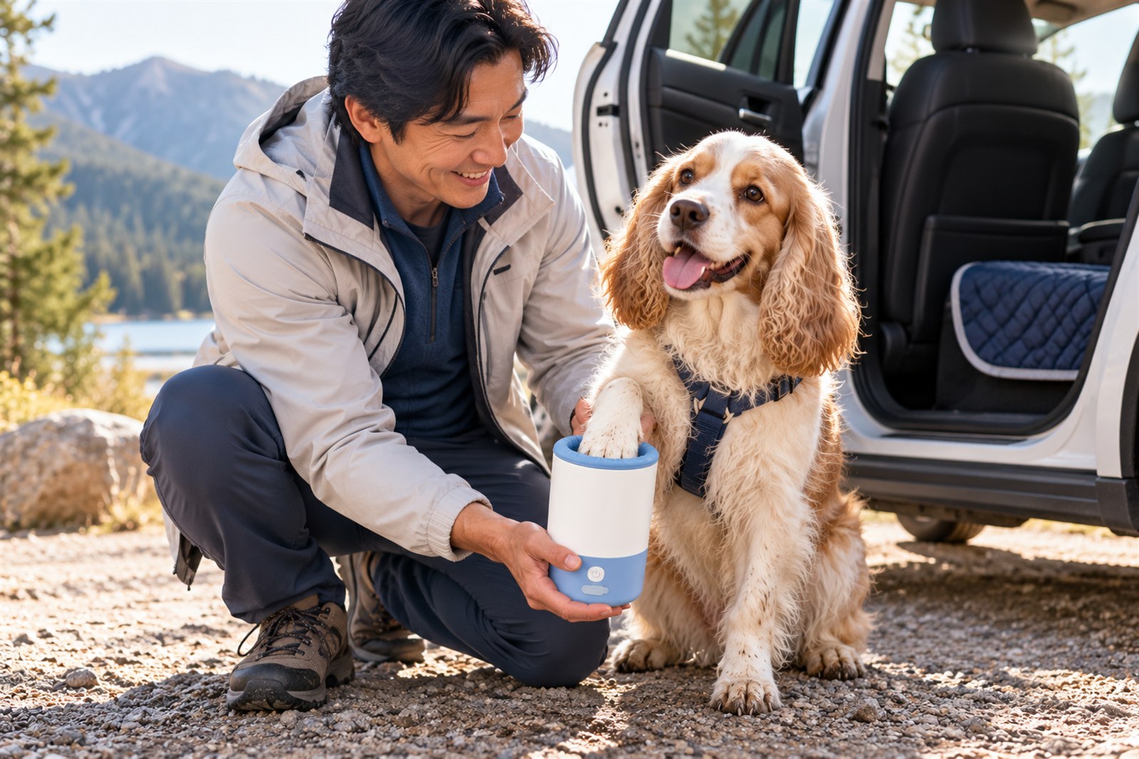 Cleaning paws before a dog gets into the car