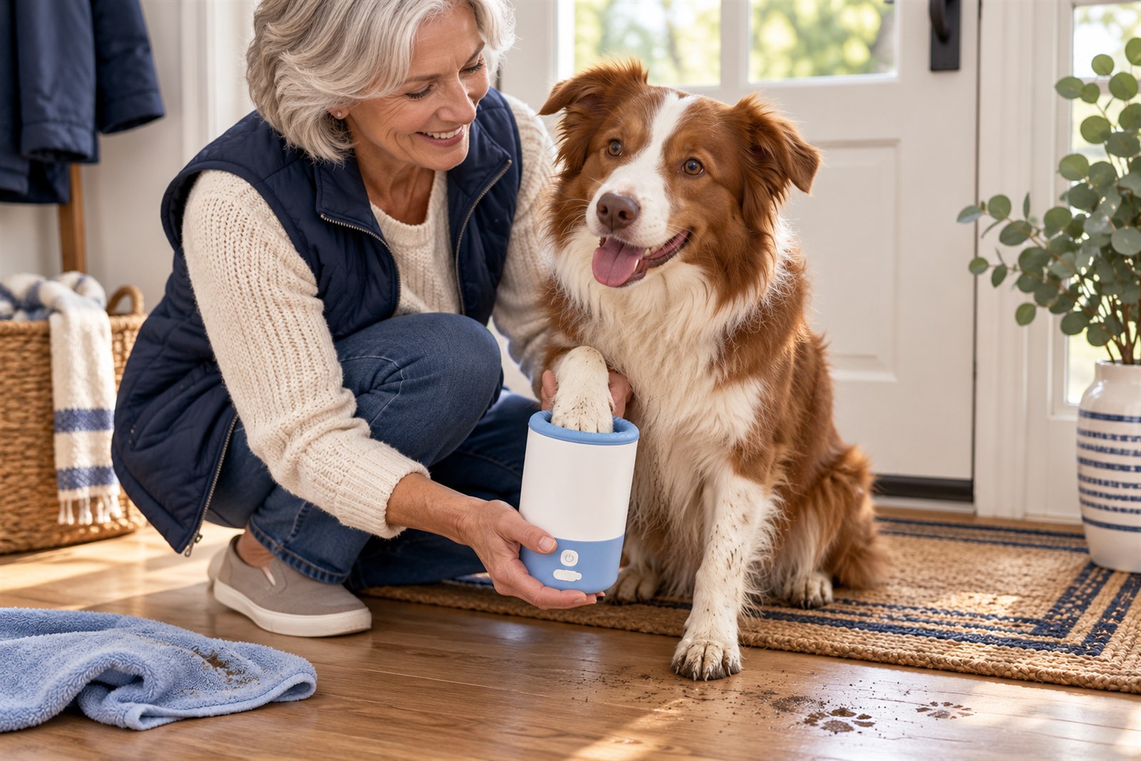 Dog having its paw cleaned at home