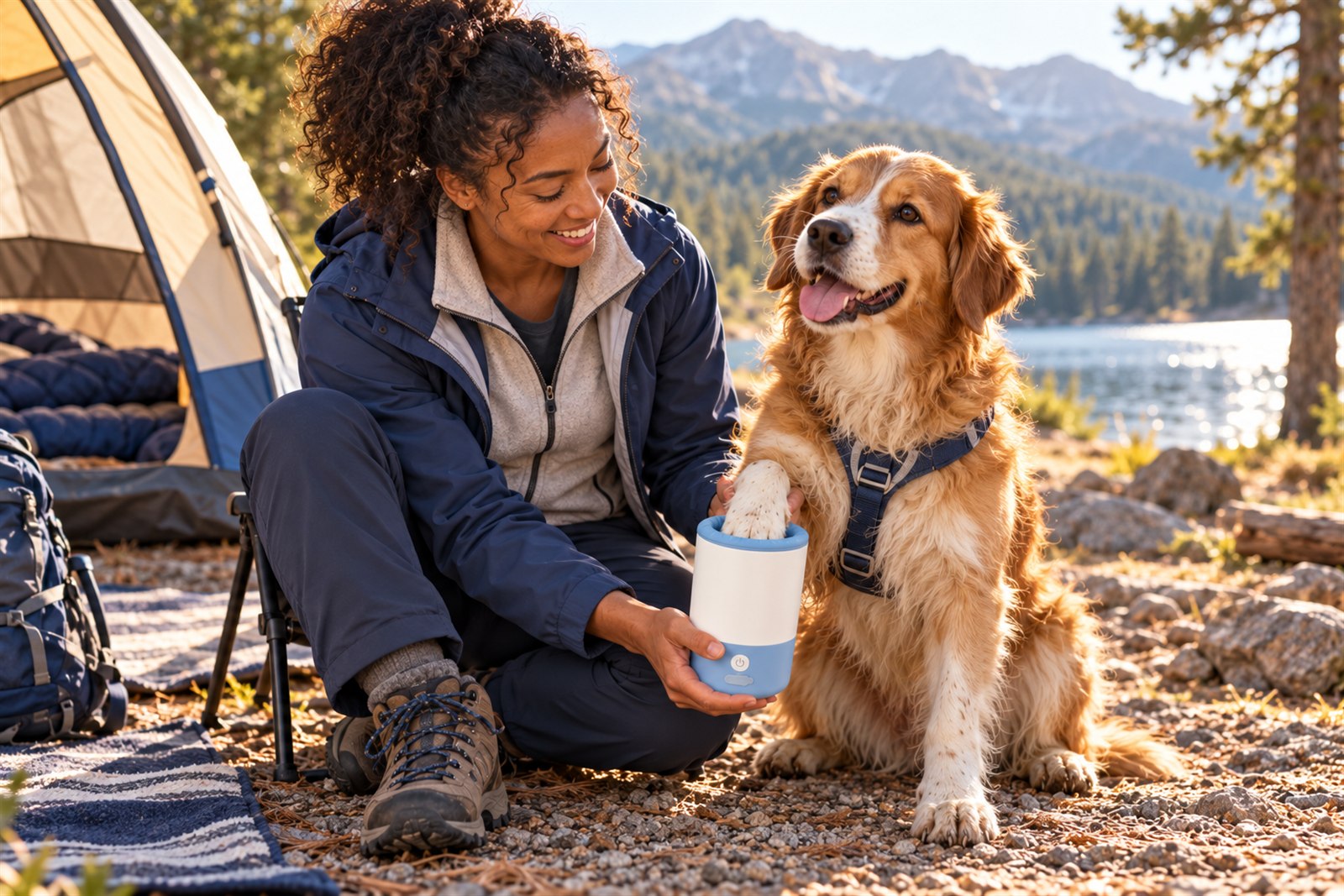 Cleaning paws on an outdoor adventure